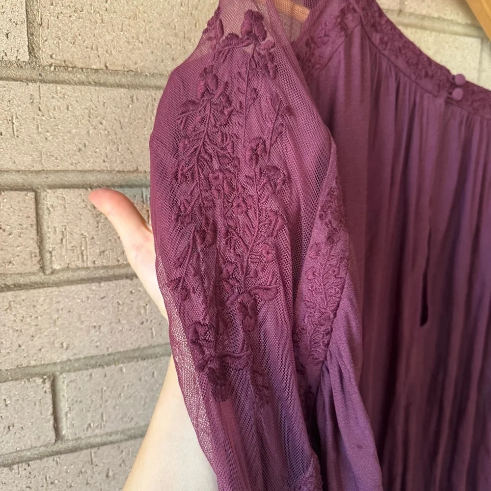 Free People Plum Sheer Lace Boho Embroidered Peasant Blouse | Size S